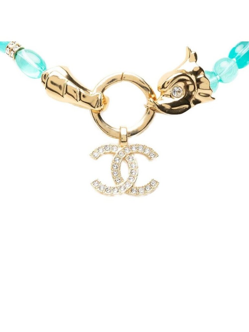 Chanel CC Logo Necklace Gold Blue Plated Rhinestone